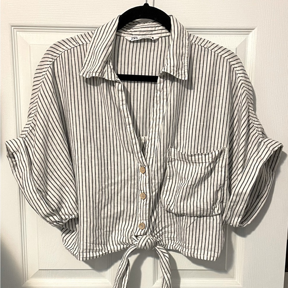 ZARA Women’s Blue Stripes V Button Tie Front Crop Top Size M